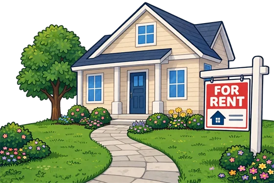 A house with a for-rent sign